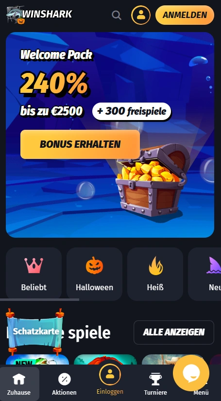 WinShark Casino Mobile-Website Hauptseite