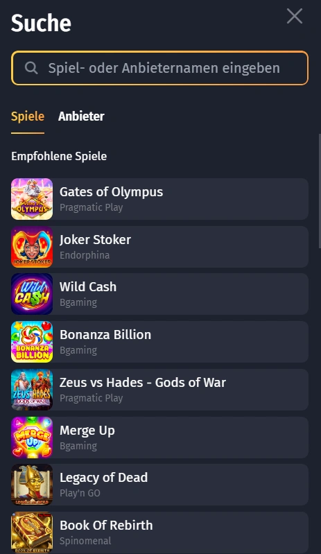 WinShark Casino Mobile-Website Spiele Katalog